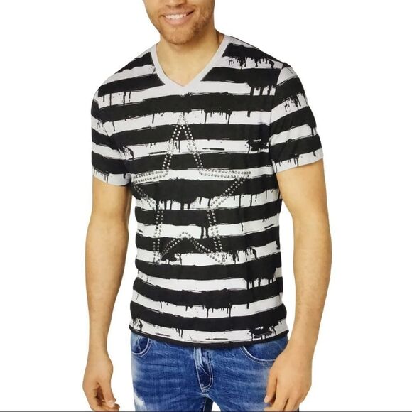 Black Gray Striped Star-Studded Graphic V Neckline Short Sleeve Shirt - Picture 1 of 3